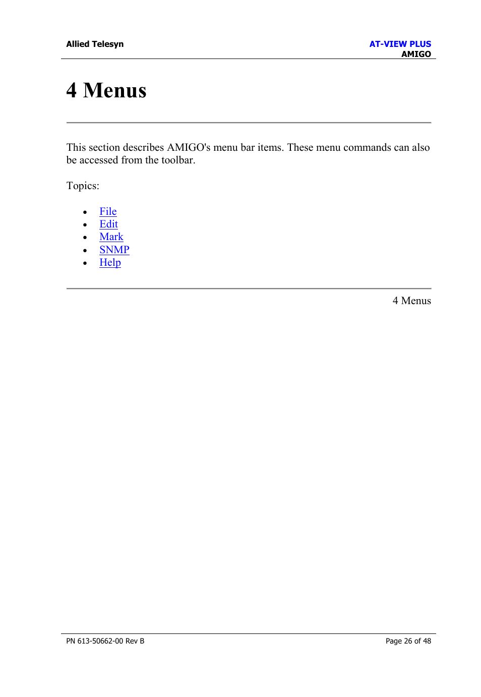 4 menus, Menus | Allied Telesis AT-VIEW PLUS 3.1 AMIGO User Manual | Page 26 / 48