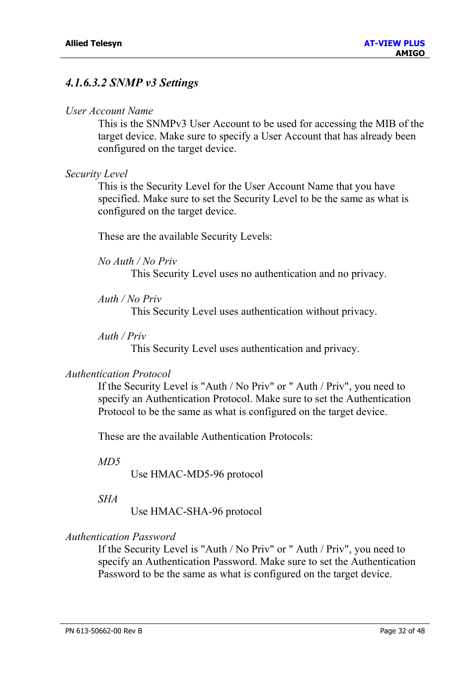 2 snmp v3 settings | Allied Telesis AT-VIEW PLUS 3.1 AMIGO User Manual | Page 32 / 48