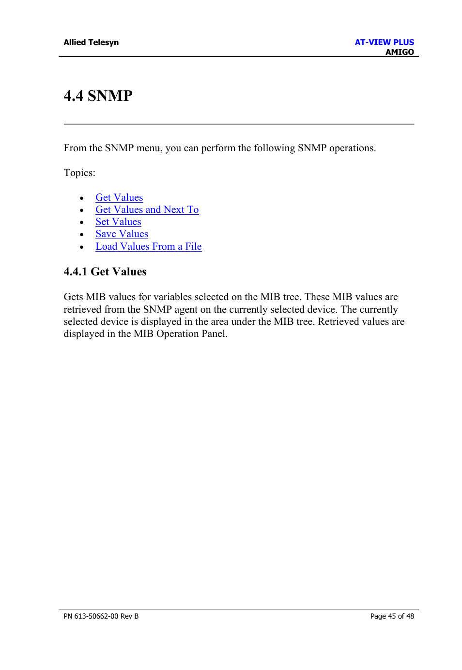4 snmp, 1 get values, Snmp | Allied Telesis AT-VIEW PLUS 3.1 AMIGO User Manual | Page 45 / 48