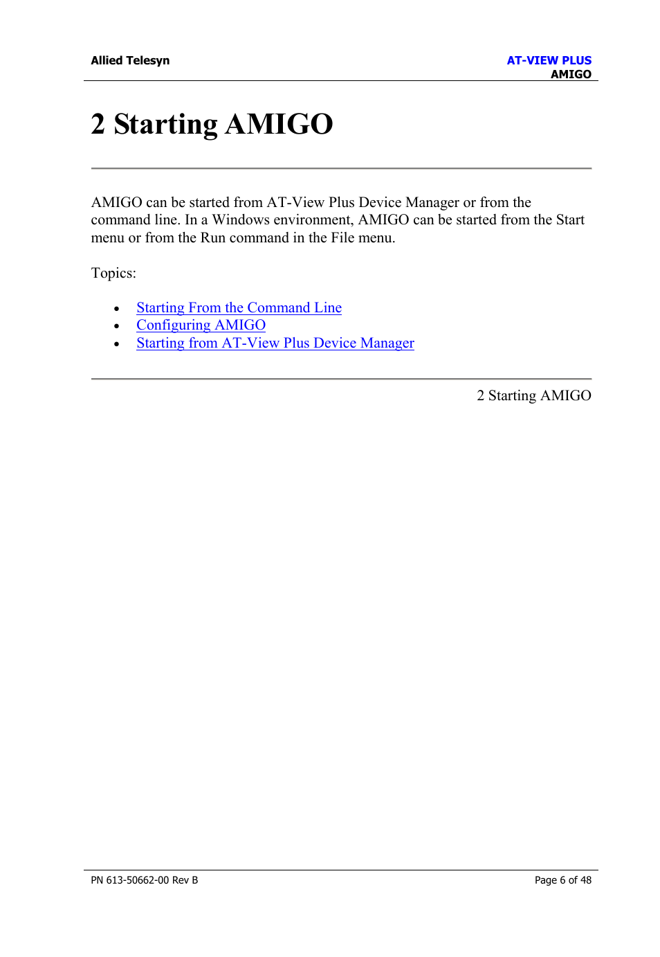 2 starting amigo, Starting amigo | Allied Telesis AT-VIEW PLUS 3.1 AMIGO User Manual | Page 6 / 48