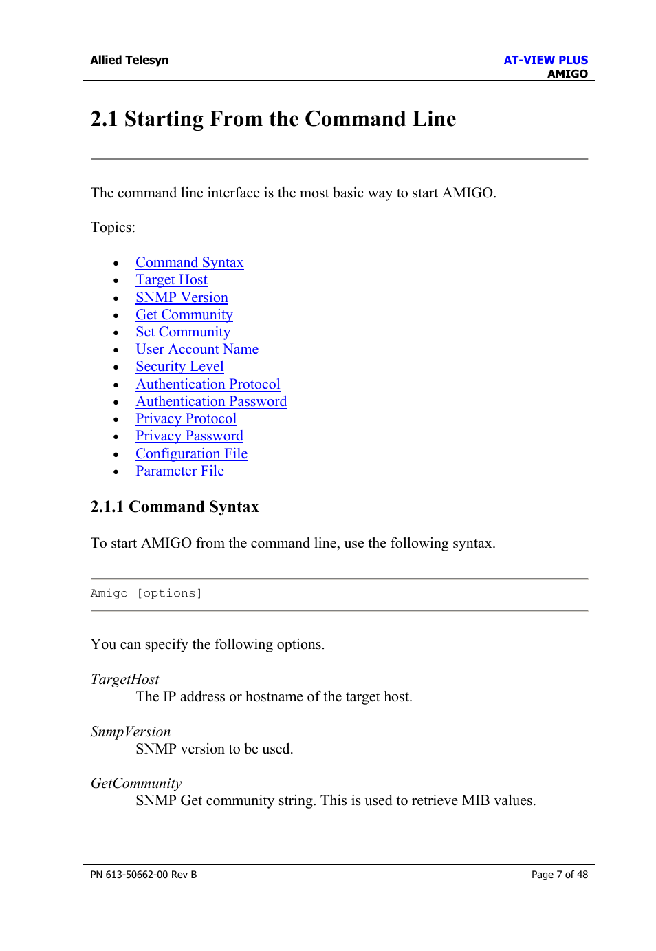 1 starting from the command line, 1 command syntax, Starting from the command line | Allied Telesis AT-VIEW PLUS 3.1 AMIGO User Manual | Page 7 / 48