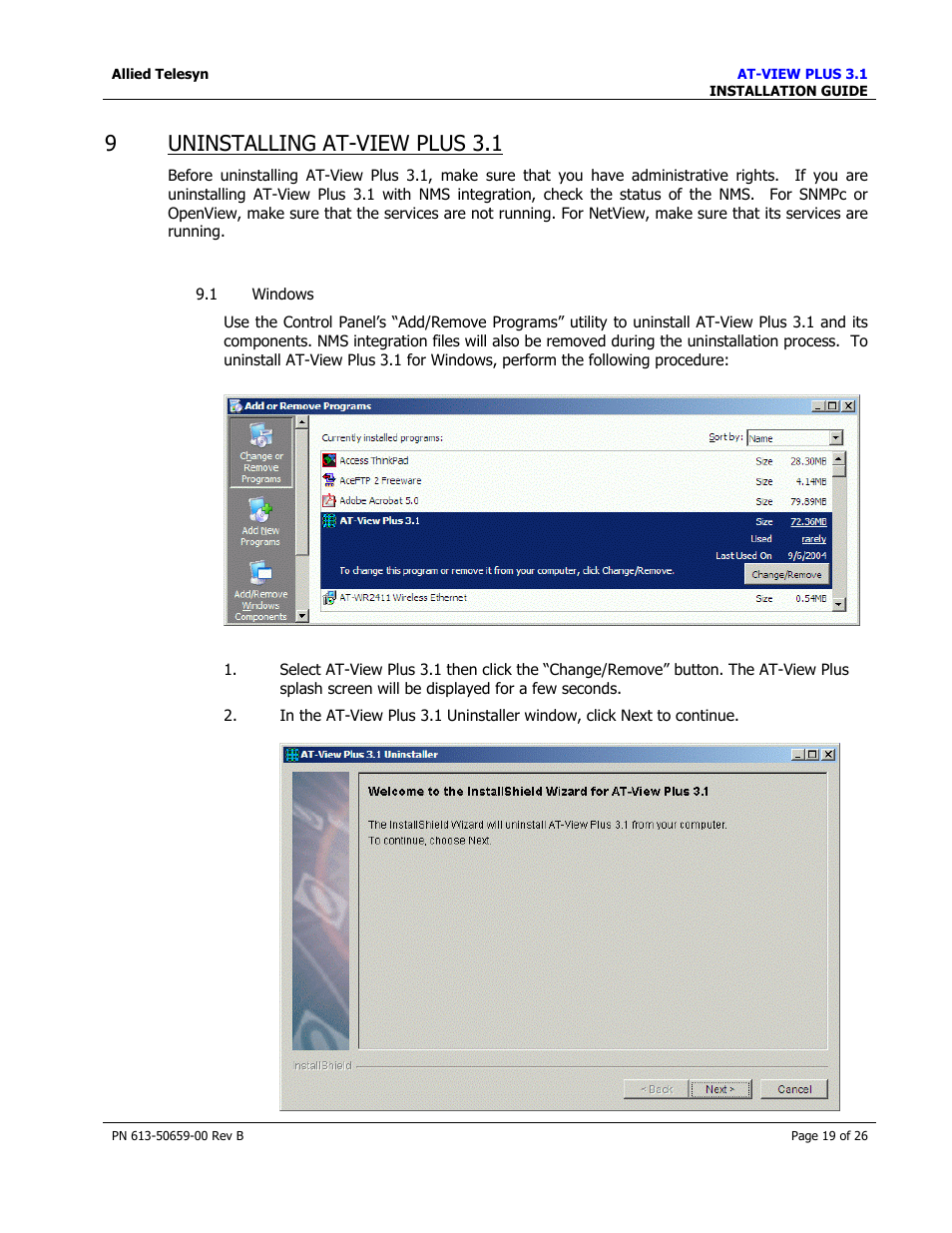 Uninstalling at-view plus 3.1, Indows, 9uninstalling at-view plus 3.1 | Allied Telesis AT-VIEW PLUS 3.1 INSTALLATION User Manual | Page 19 / 26