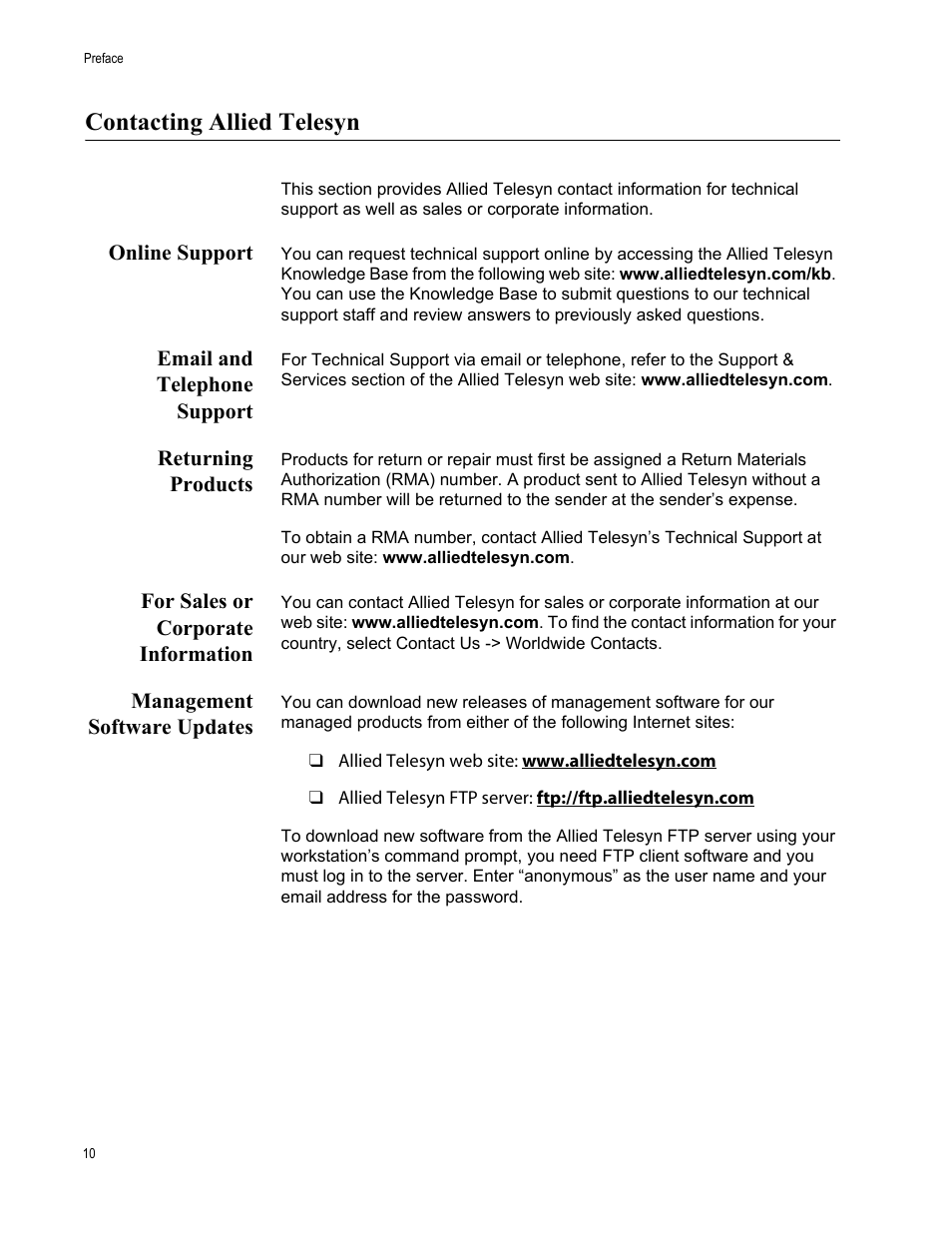 Contacting allied telesyn, Online support, Email and telephone support | Returning products, For sales or corporate information, Management software updates | Allied Telesis AT-WA7501 User Manual | Page 10 / 352