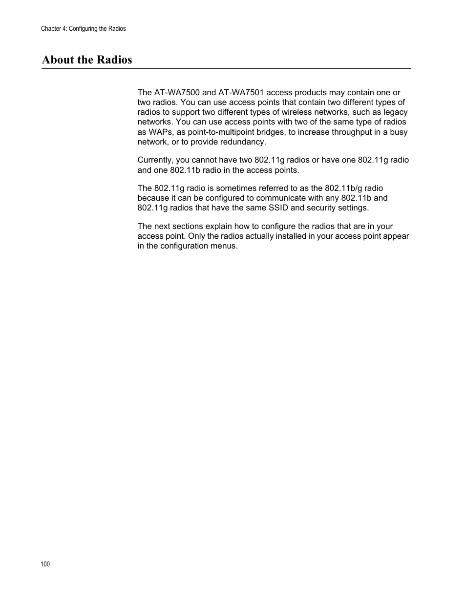 About the radios | Allied Telesis AT-WA7501 User Manual | Page 100 / 352