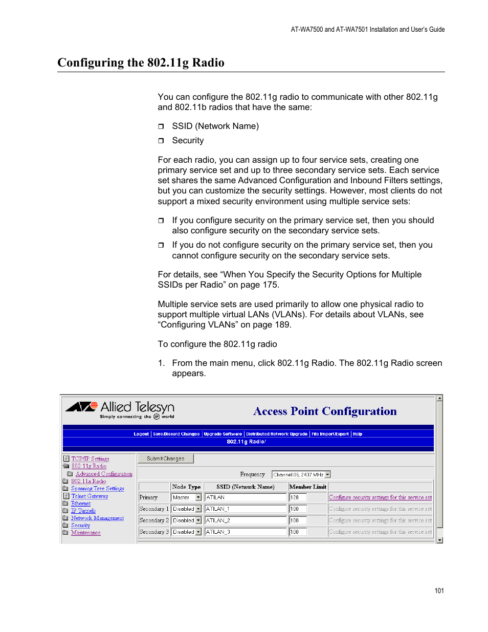 Configuring the 802.11g radio | Allied Telesis AT-WA7501 User Manual | Page 101 / 352