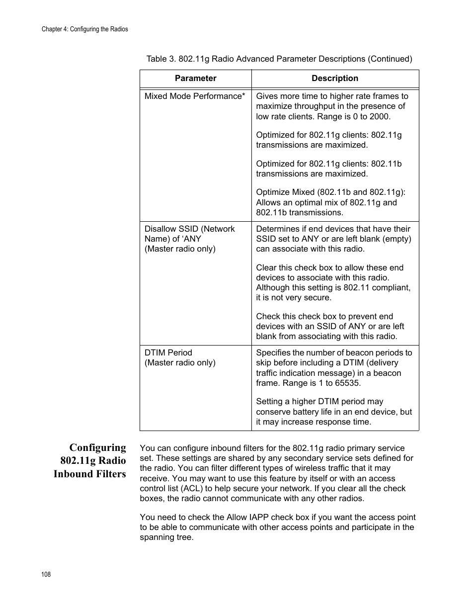 Configuring 802.11g radio inbound filters, See “configuring | Allied Telesis AT-WA7501 User Manual | Page 108 / 352
