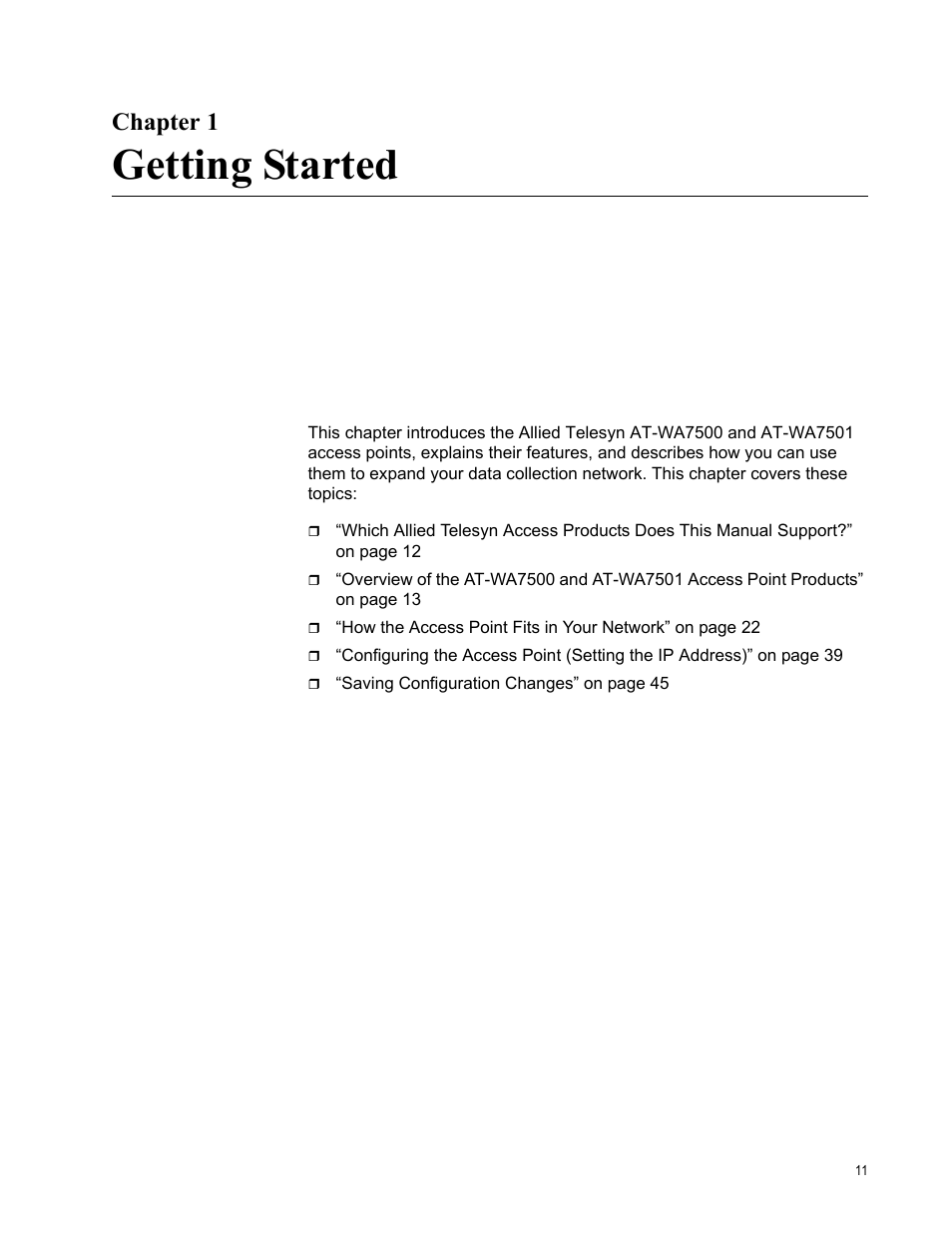 Chapter 1, Getting started | Allied Telesis AT-WA7501 User Manual | Page 11 / 352