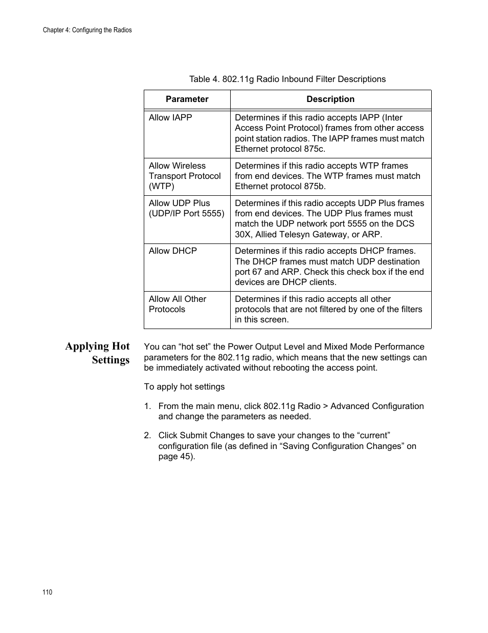 Applying hot settings | Allied Telesis AT-WA7501 User Manual | Page 110 / 352