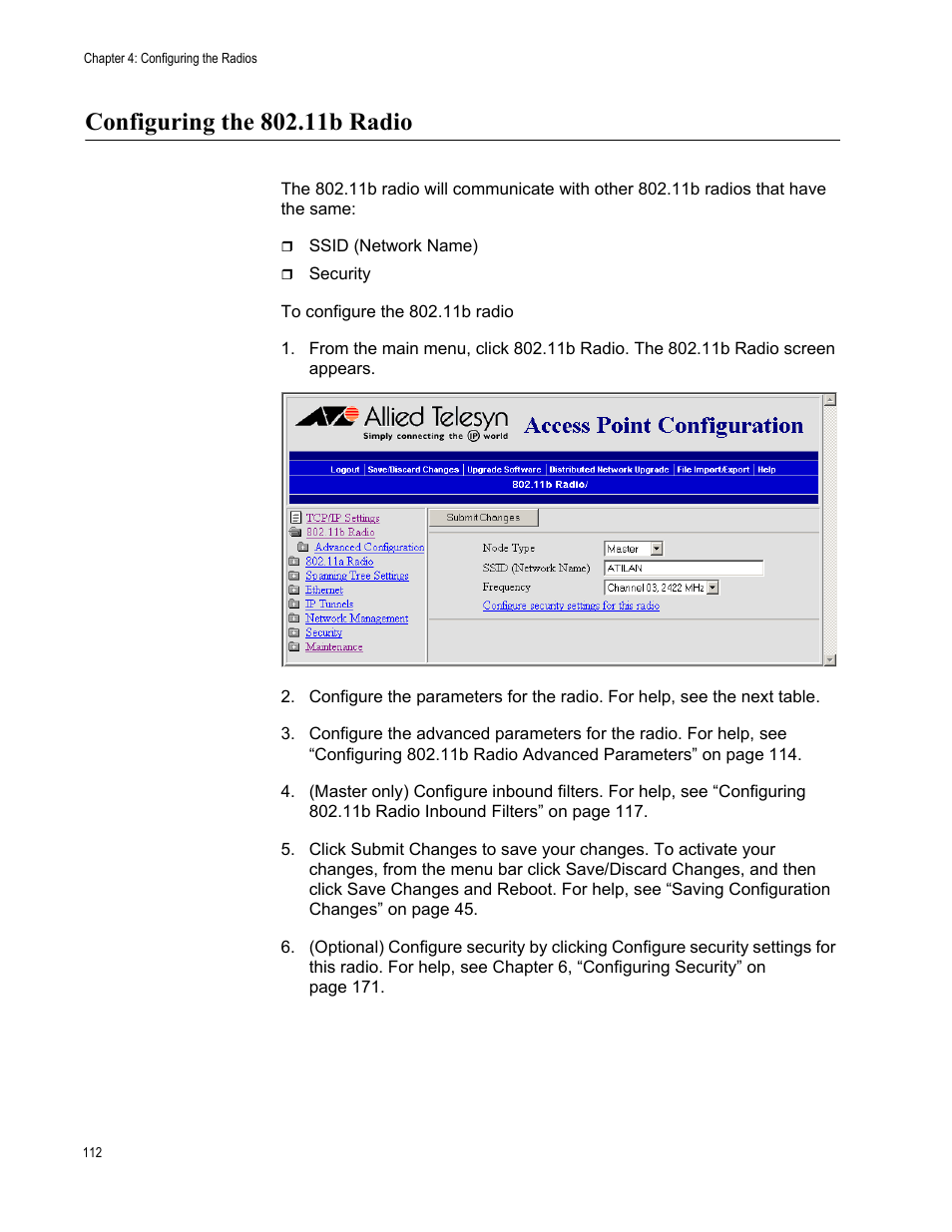 Configuring the 802.11b radio | Allied Telesis AT-WA7501 User Manual | Page 112 / 352
