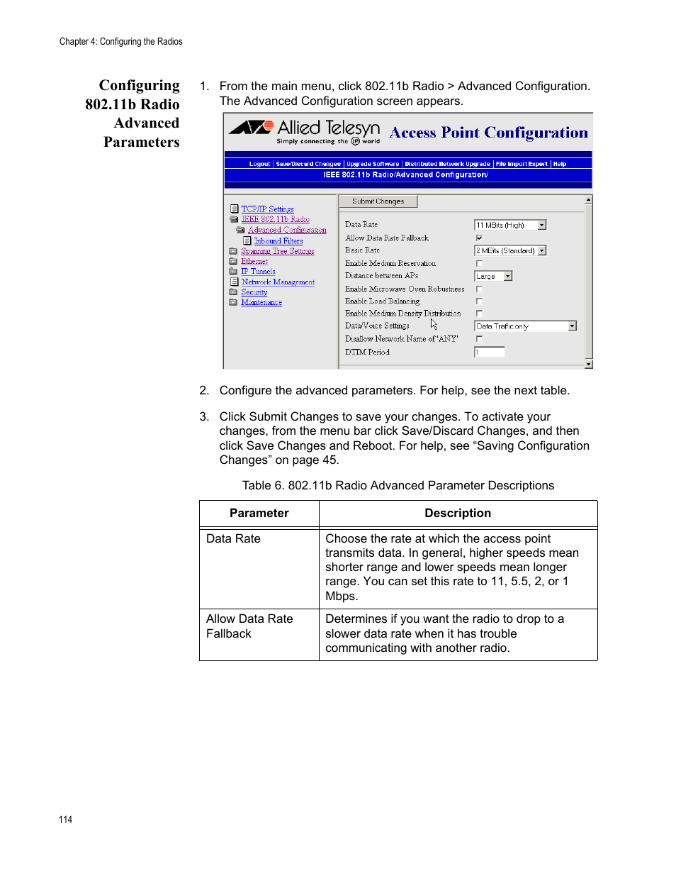 Configuring 802.11b radio advanced parameters | Allied Telesis AT-WA7501 User Manual | Page 114 / 352