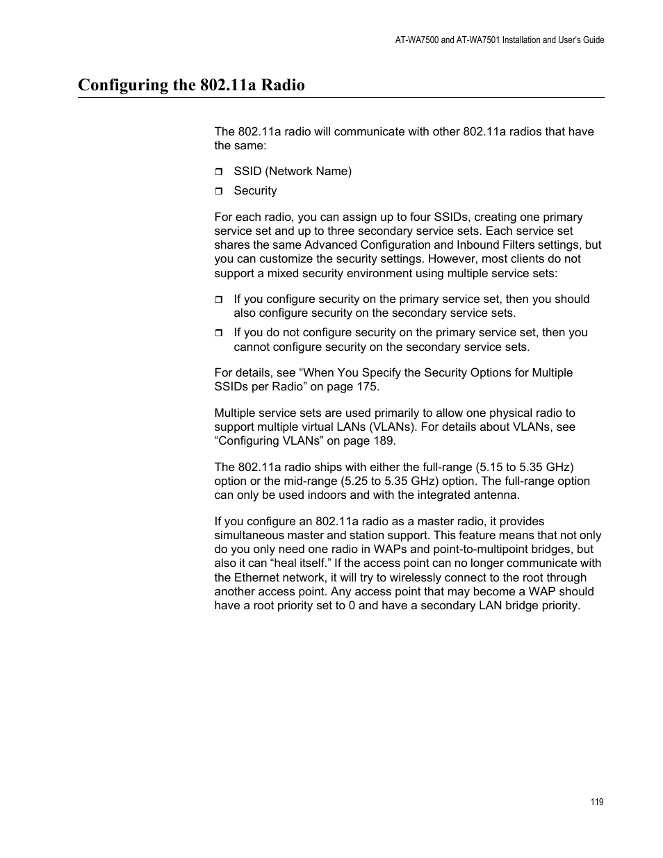 Configuring the 802.11a radio | Allied Telesis AT-WA7501 User Manual | Page 119 / 352