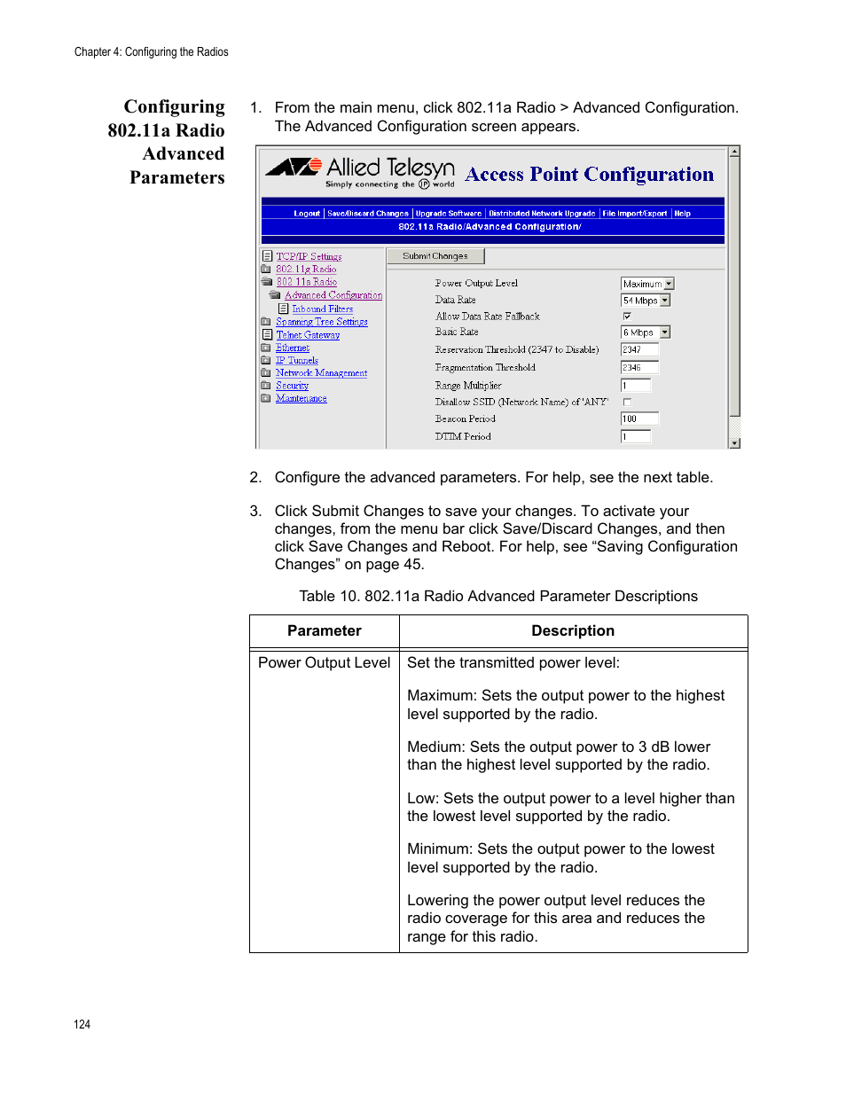 Configuring 802.11a radio advanced parameters | Allied Telesis AT-WA7501 User Manual | Page 124 / 352