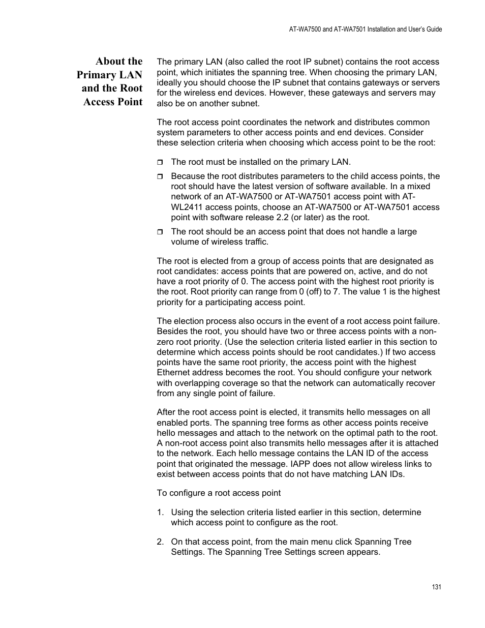 About the primary lan and the root access point | Allied Telesis AT-WA7501 User Manual | Page 131 / 352