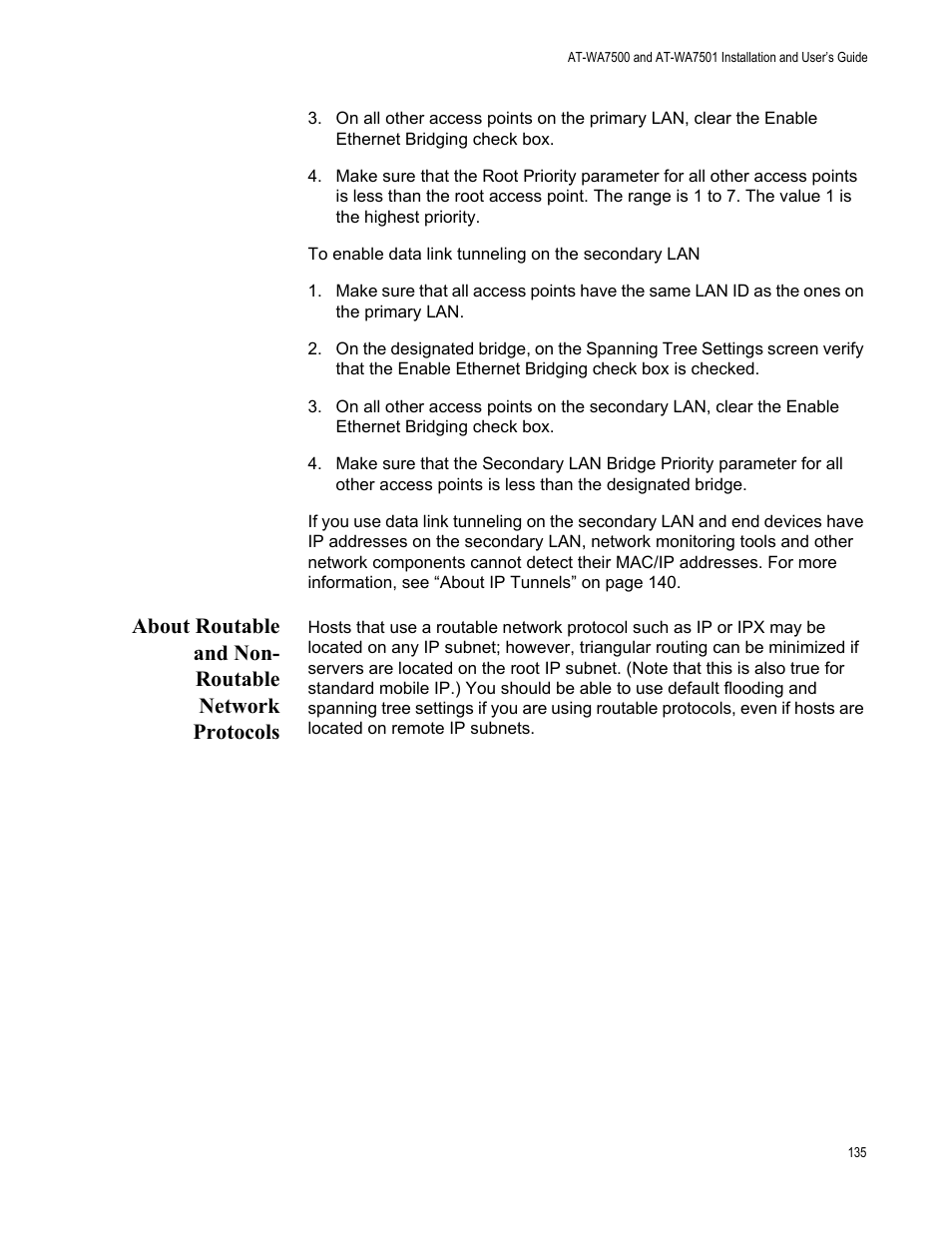 About routable and non- routable network protocols, About routable and non-routable network protocols | Allied Telesis AT-WA7501 User Manual | Page 135 / 352