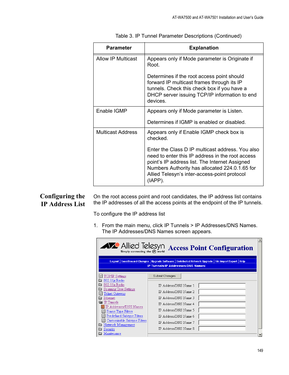 Configuring the ip address list | Allied Telesis AT-WA7501 User Manual | Page 149 / 352