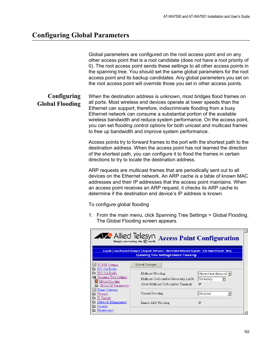 Configuring global parameters, Configuring global flooding | Allied Telesis AT-WA7501 User Manual | Page 163 / 352