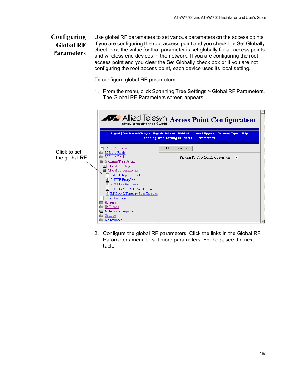 Configuring global rf parameters | Allied Telesis AT-WA7501 User Manual | Page 167 / 352