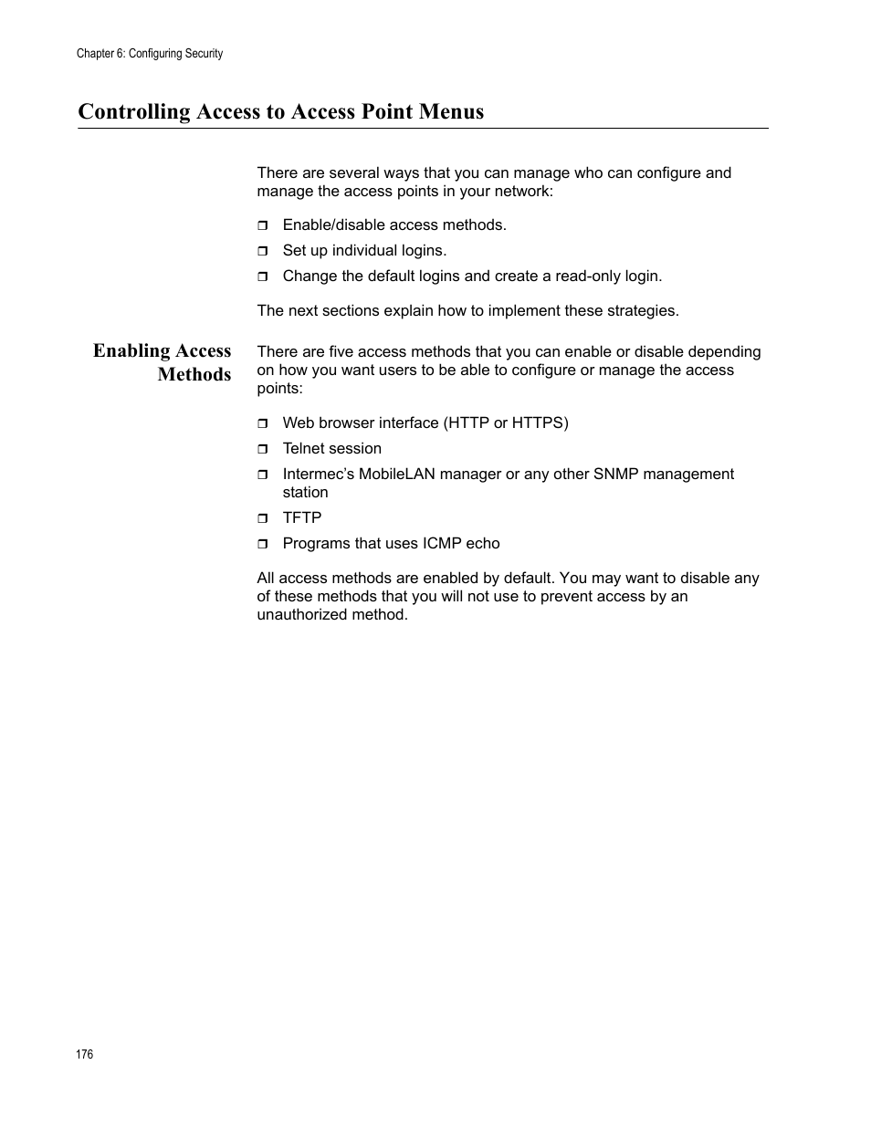 Controlling access to access point menus, Enabling access methods | Allied Telesis AT-WA7501 User Manual | Page 176 / 352