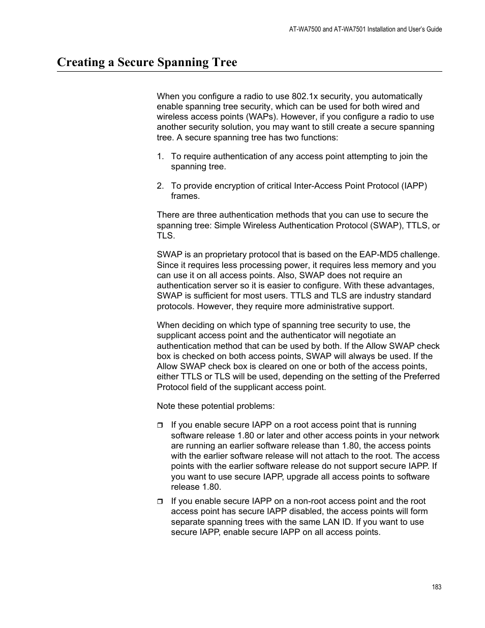 Creating a secure spanning tree | Allied Telesis AT-WA7501 User Manual | Page 183 / 352