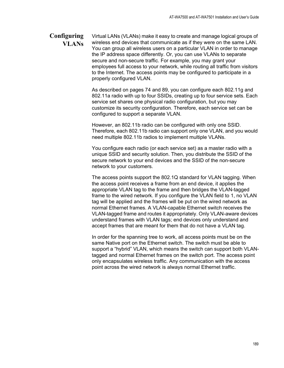 Configuring vlans | Allied Telesis AT-WA7501 User Manual | Page 189 / 352