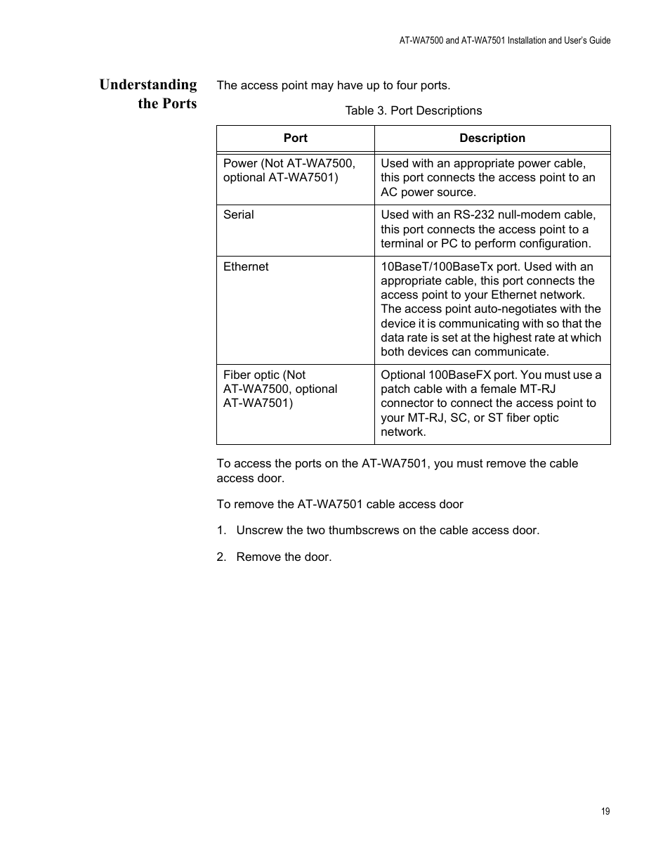 Understanding the ports | Allied Telesis AT-WA7501 User Manual | Page 19 / 352