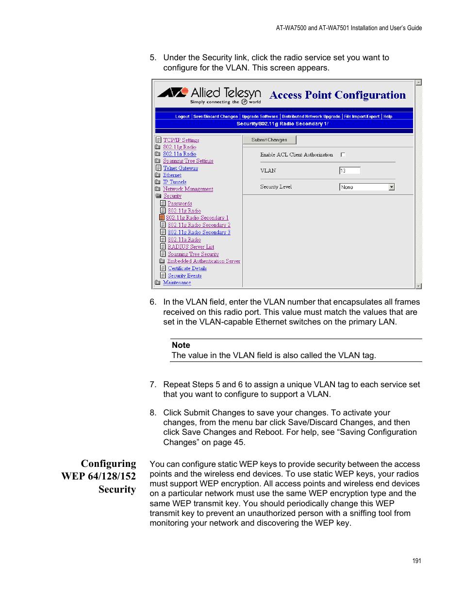 Configuring wep 64/128/152 security | Allied Telesis AT-WA7501 User Manual | Page 191 / 352