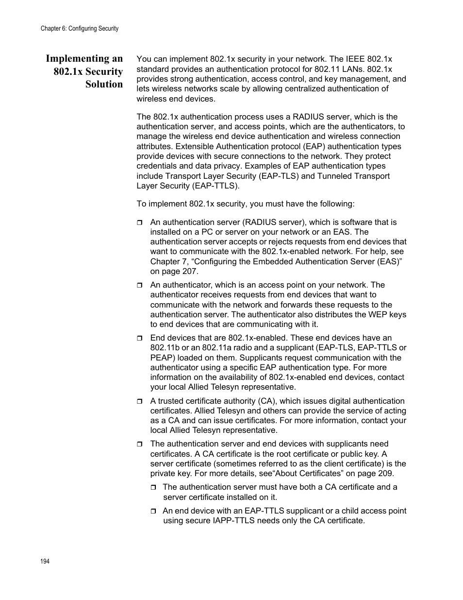 Implementing an 802.1x security solution | Allied Telesis AT-WA7501 User Manual | Page 194 / 352