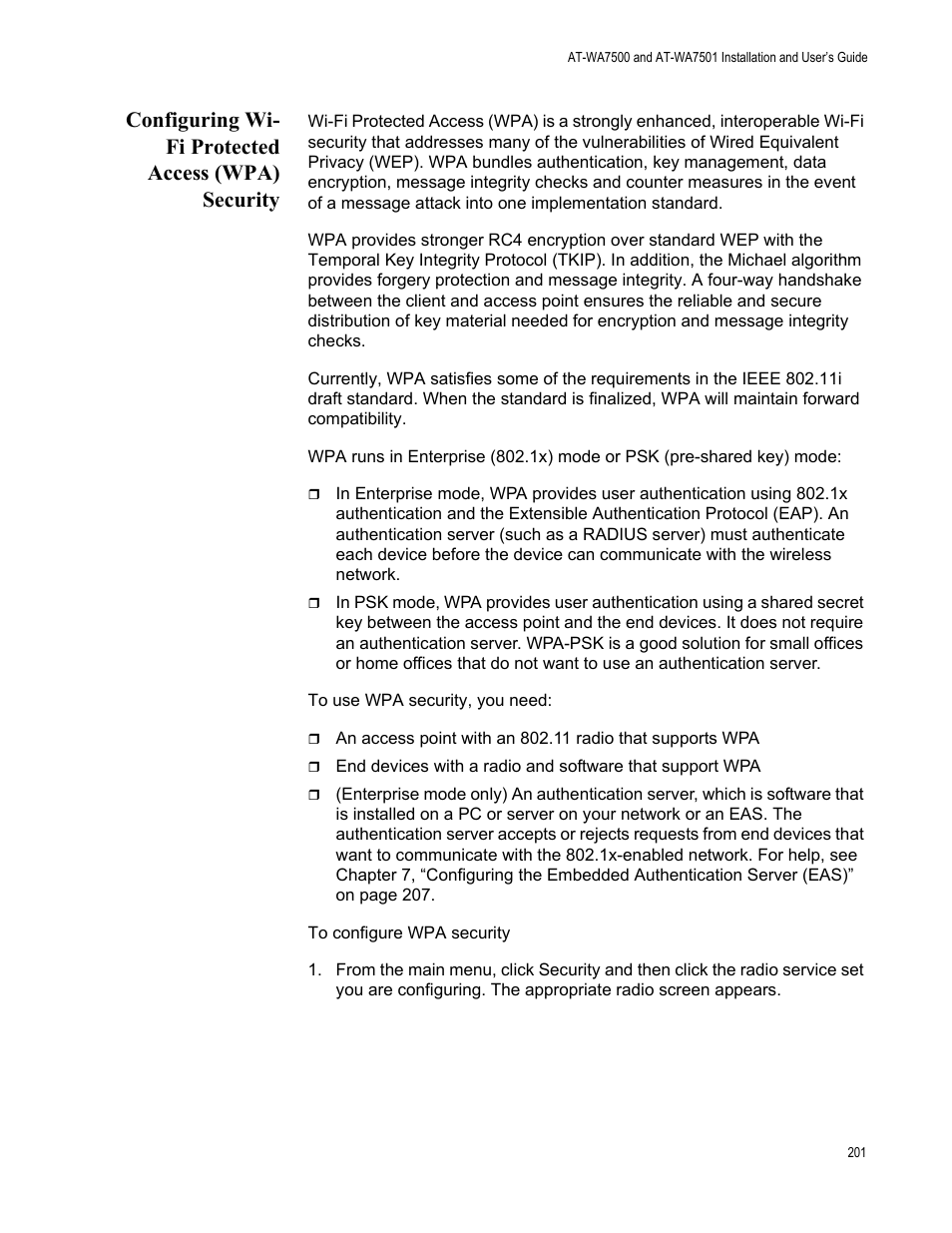 Configuring wi- fi protected access (wpa) security, Configuring wi-fi protected access (wpa) security | Allied Telesis AT-WA7501 User Manual | Page 201 / 352