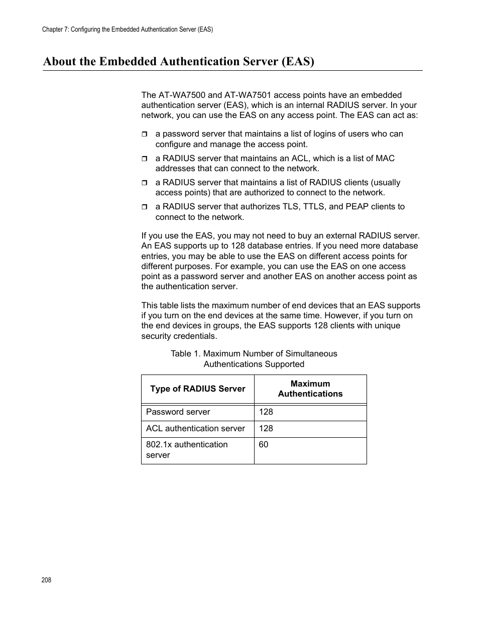 About the embedded authentication server (eas) | Allied Telesis AT-WA7501 User Manual | Page 208 / 352