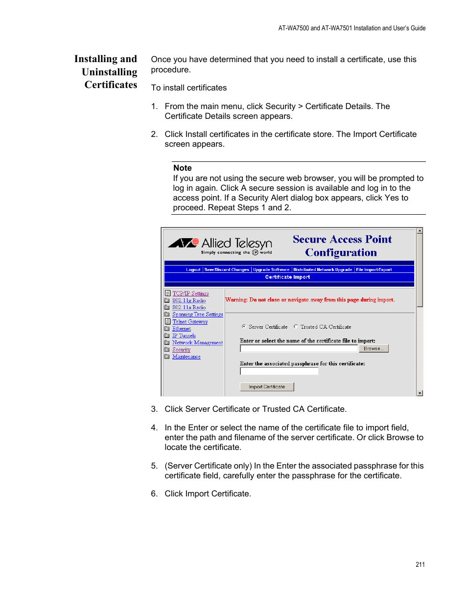 Installing and uninstalling certificates | Allied Telesis AT-WA7501 User Manual | Page 211 / 352