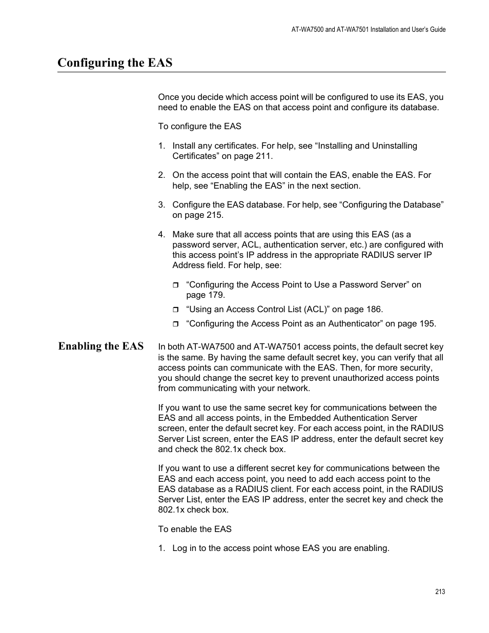 Configuring the eas, Enabling the eas | Allied Telesis AT-WA7501 User Manual | Page 213 / 352