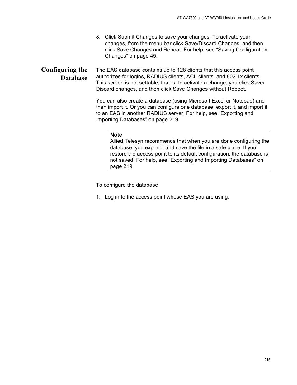 Configuring the database, See “configuring the database | Allied Telesis AT-WA7501 User Manual | Page 215 / 352