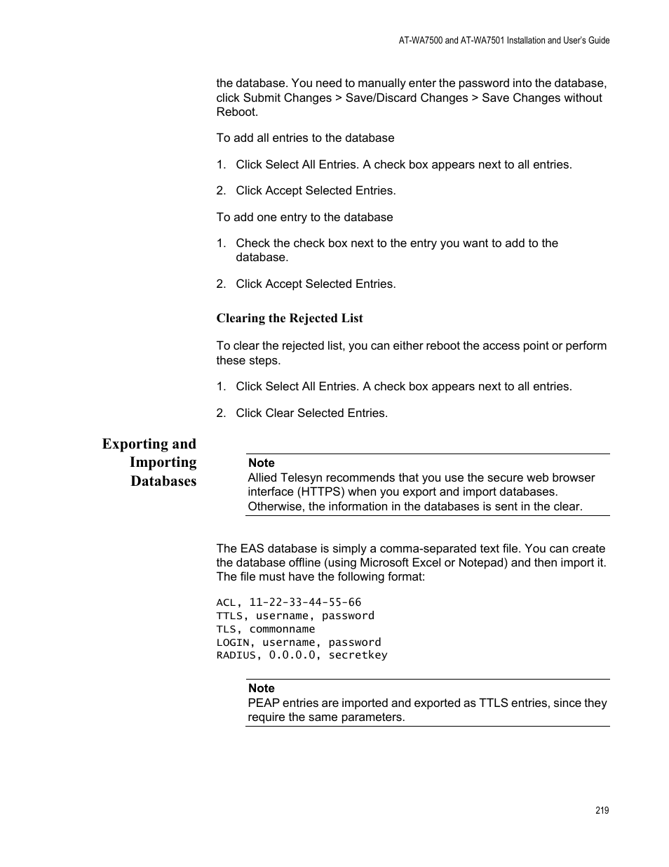 Exporting and importing databases | Allied Telesis AT-WA7501 User Manual | Page 219 / 352