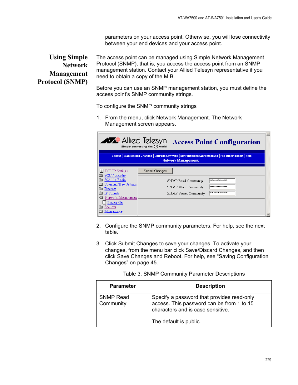 Using simple network management protocol (snmp) | Allied Telesis AT-WA7501 User Manual | Page 229 / 352