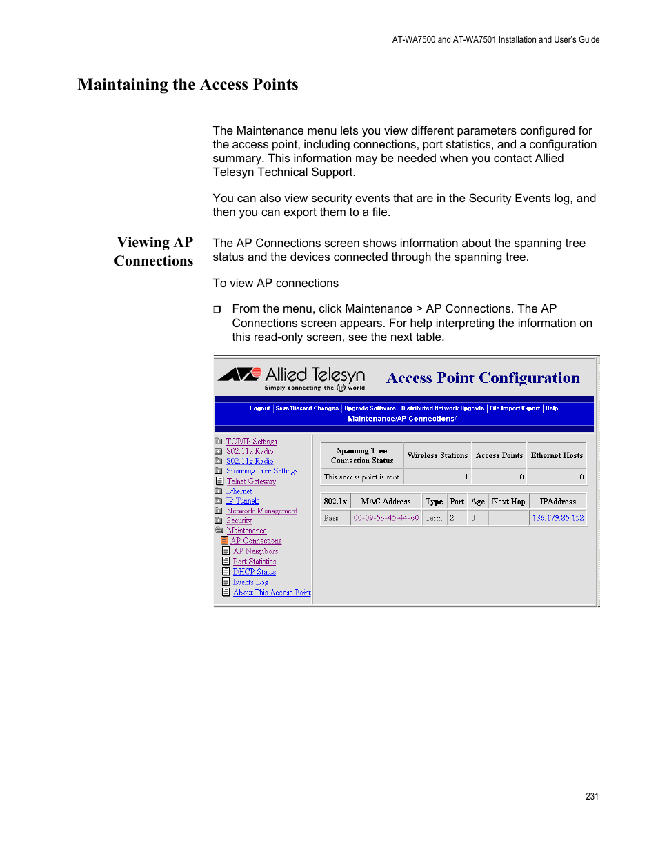 Maintaining the access points, Viewing ap connections | Allied Telesis AT-WA7501 User Manual | Page 231 / 352