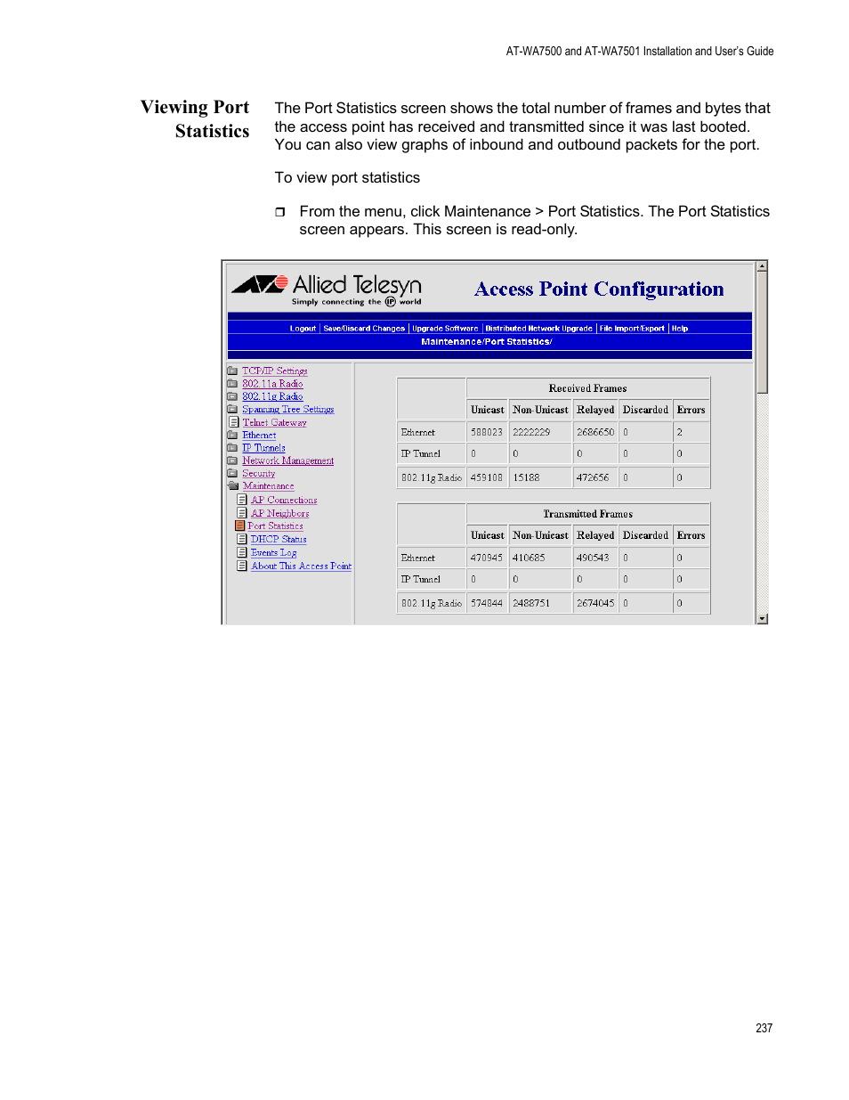 Viewing port statistics | Allied Telesis AT-WA7501 User Manual | Page 237 / 352