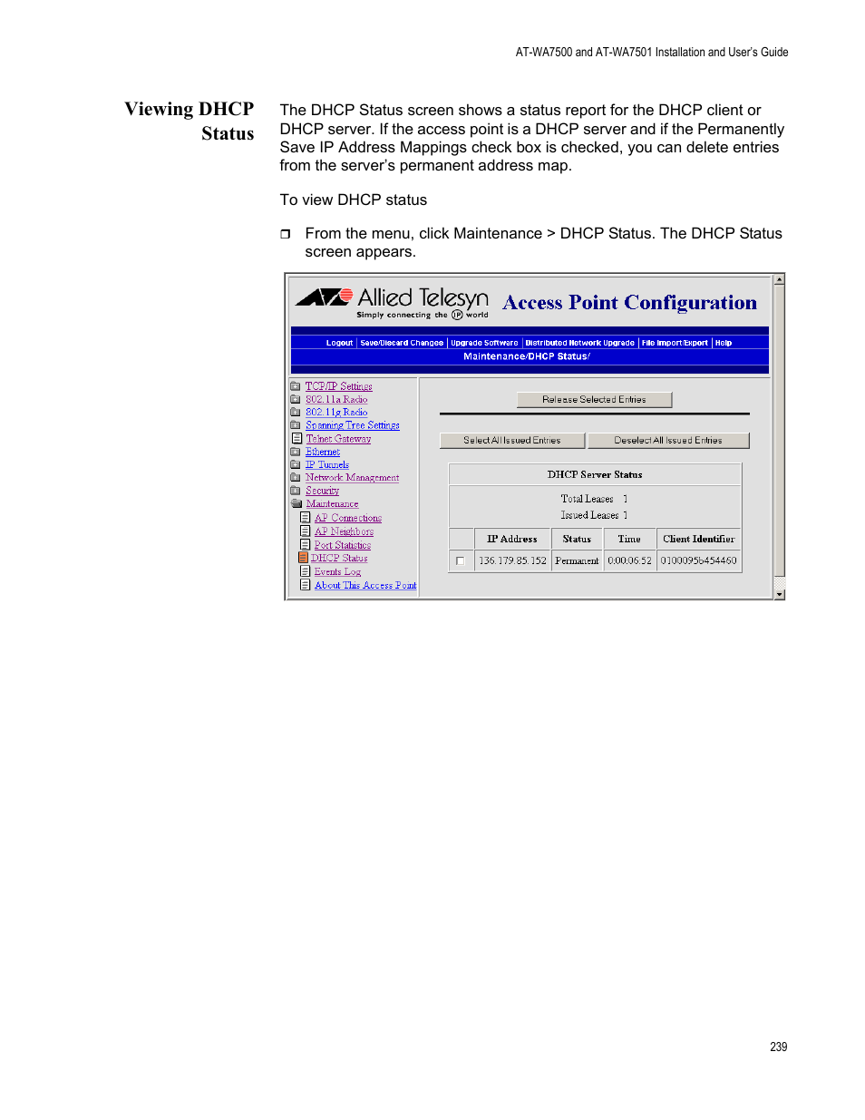 Viewing dhcp status | Allied Telesis AT-WA7501 User Manual | Page 239 / 352