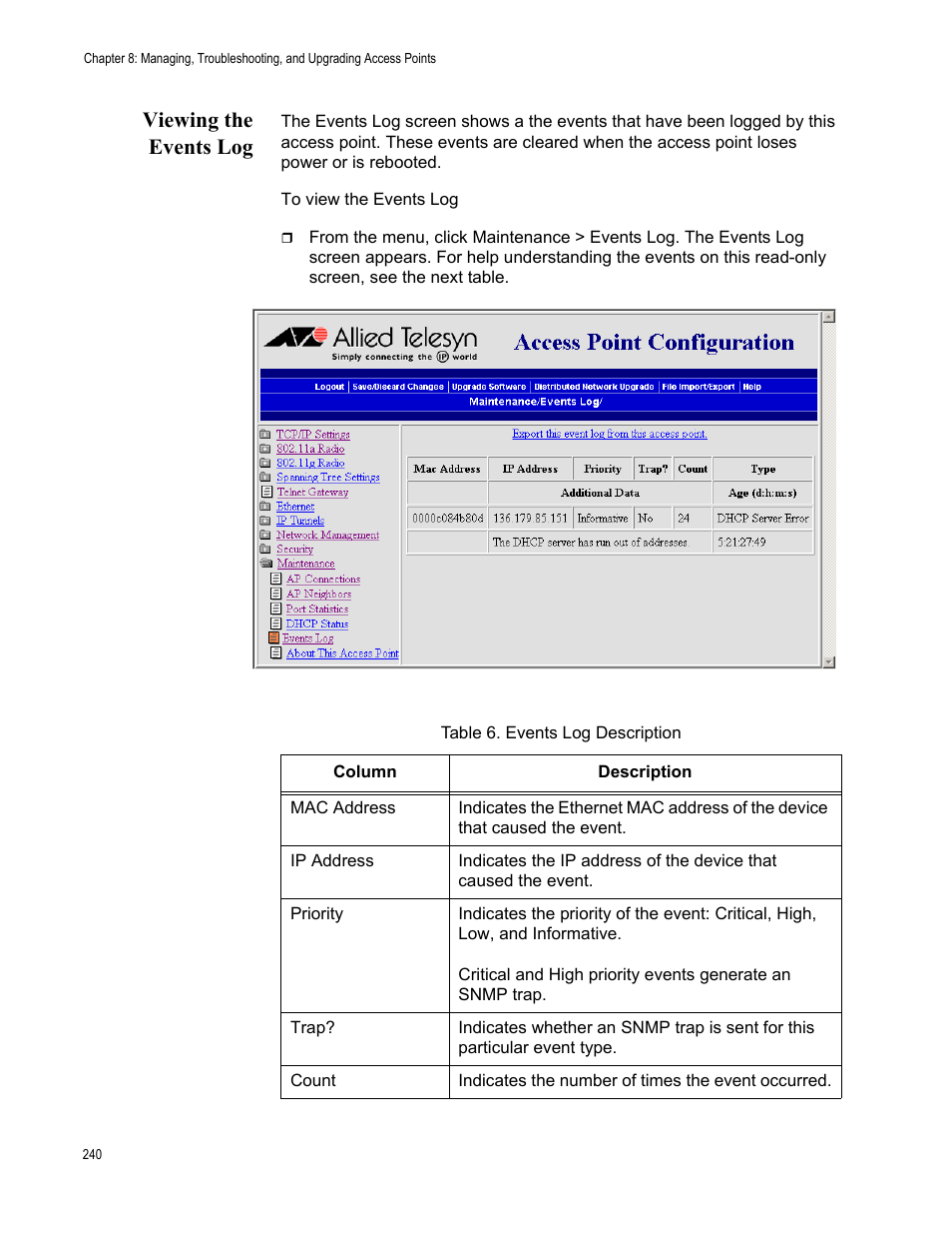 Viewing the events log | Allied Telesis AT-WA7501 User Manual | Page 240 / 352
