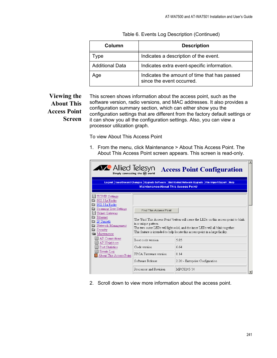 Viewing the about this access point screen | Allied Telesis AT-WA7501 User Manual | Page 241 / 352