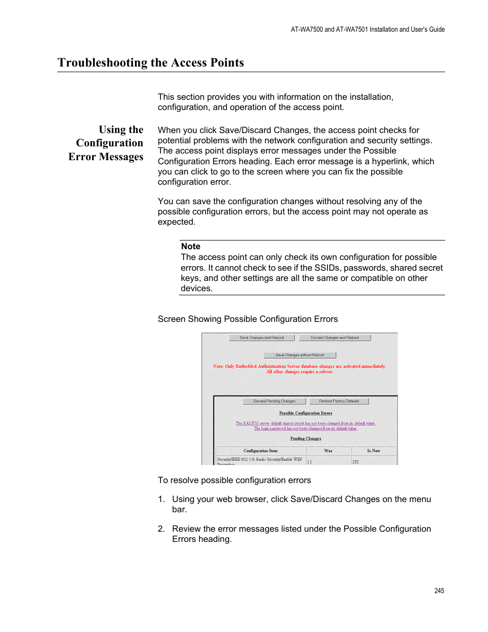 Troubleshooting the access points, Using the configuration error messages | Allied Telesis AT-WA7501 User Manual | Page 245 / 352