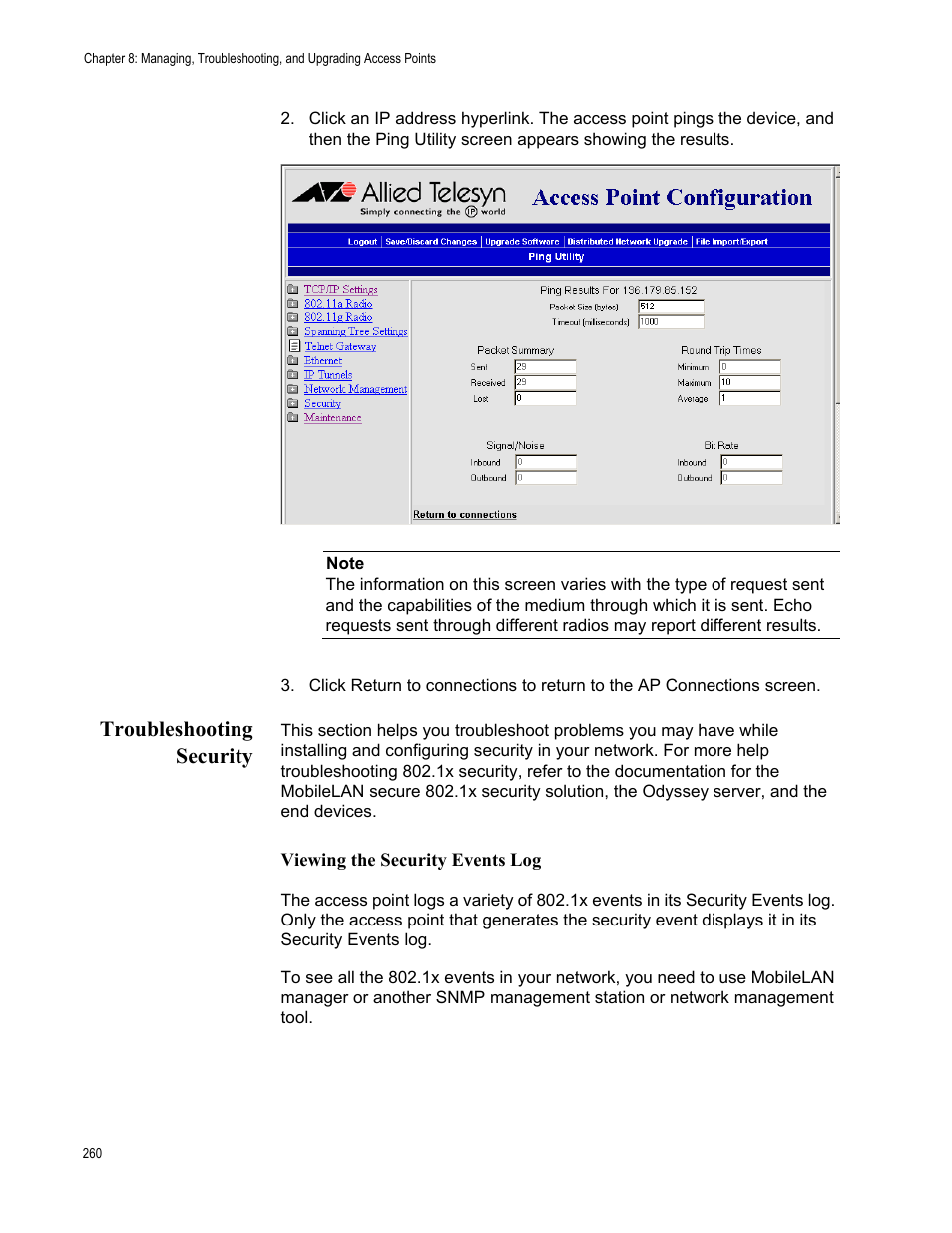 Troubleshooting security | Allied Telesis AT-WA7501 User Manual | Page 260 / 352