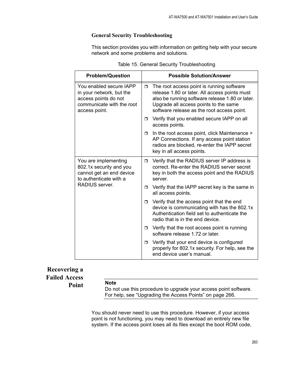 Recovering a failed access point | Allied Telesis AT-WA7501 User Manual | Page 263 / 352