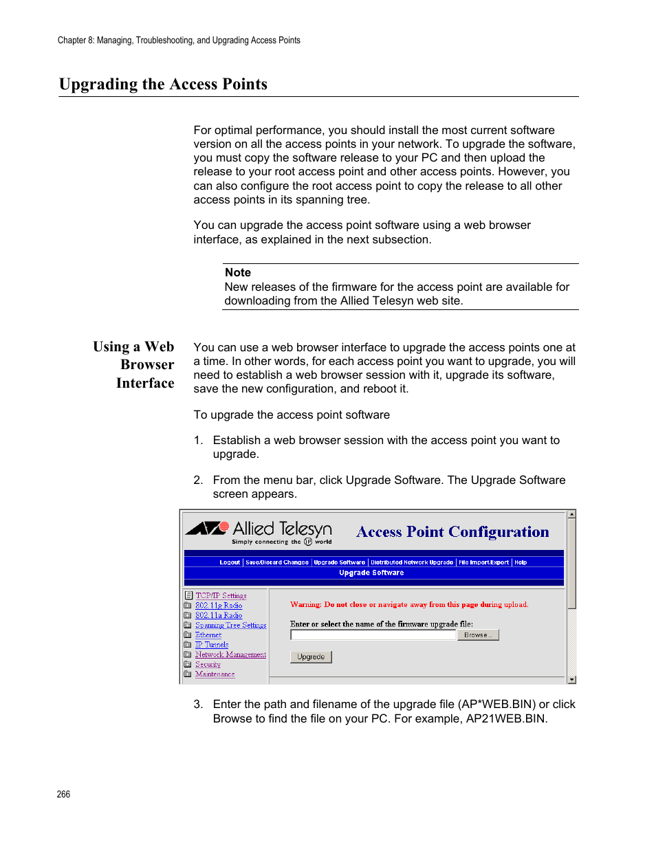 Upgrading the access points, Using a web browser interface | Allied Telesis AT-WA7501 User Manual | Page 266 / 352