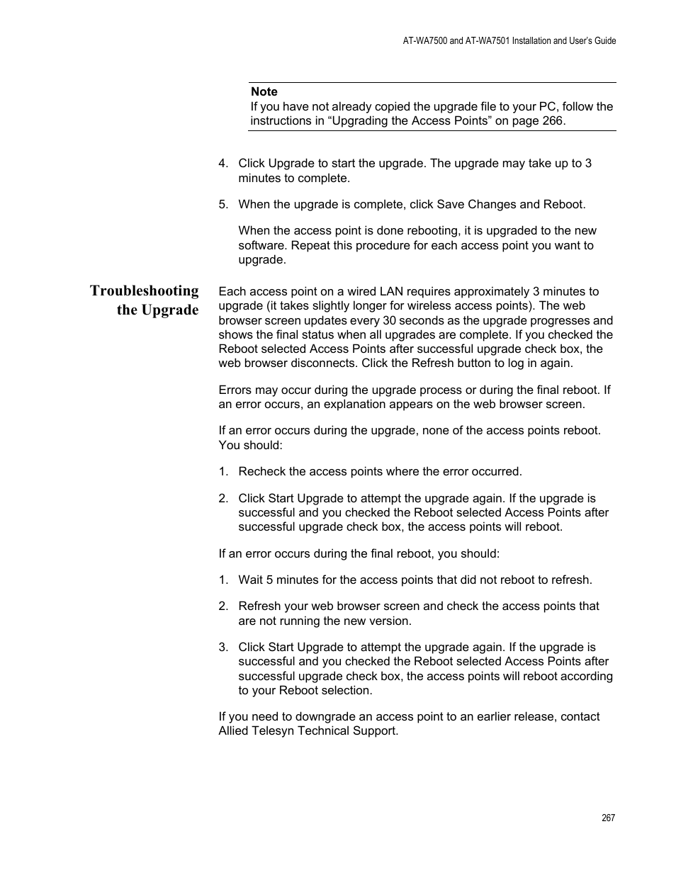 Troubleshooting the upgrade | Allied Telesis AT-WA7501 User Manual | Page 267 / 352