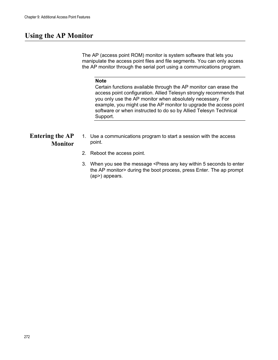 Using the ap monitor, Entering the ap monitor | Allied Telesis AT-WA7501 User Manual | Page 272 / 352