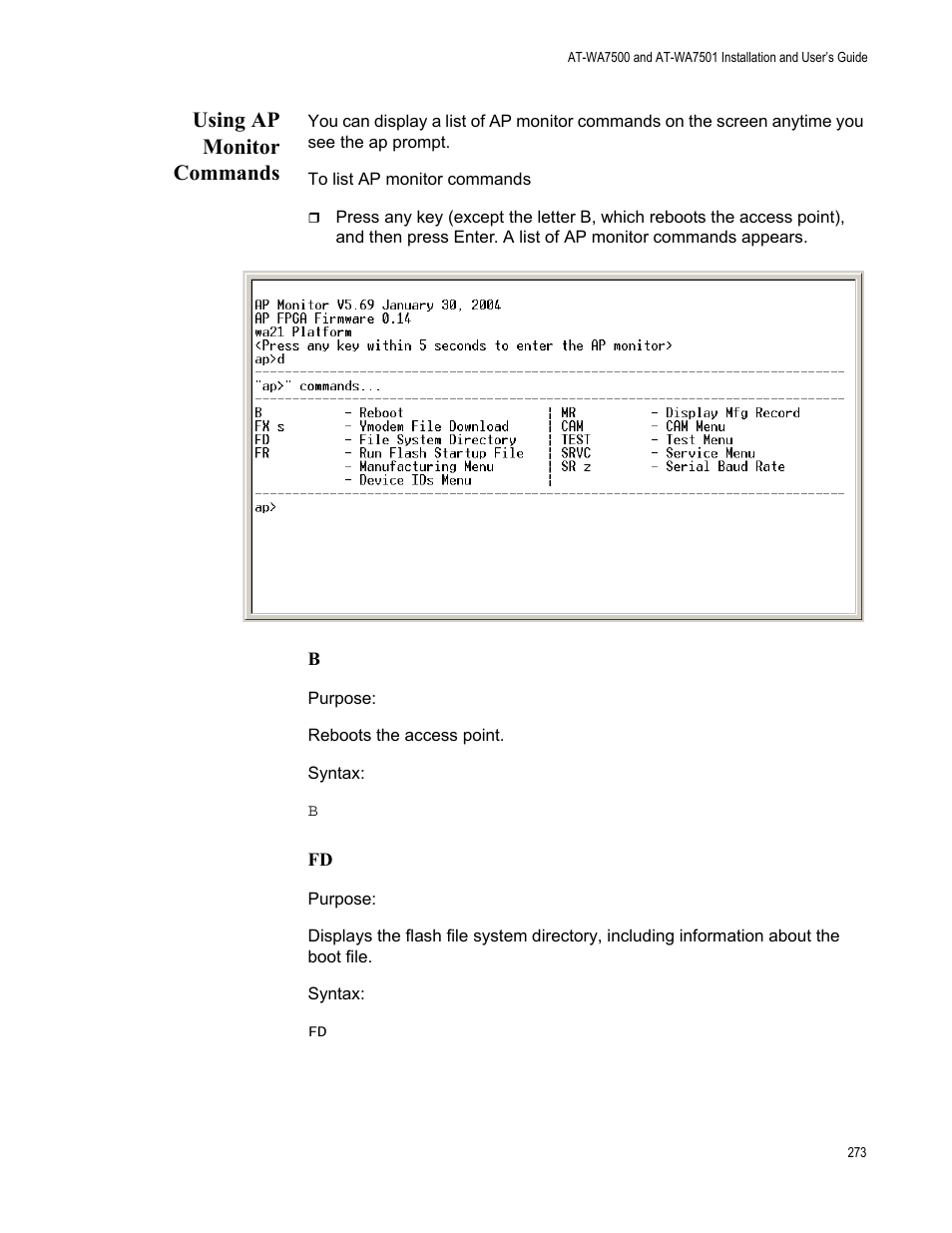 Using ap monitor commands | Allied Telesis AT-WA7501 User Manual | Page 273 / 352
