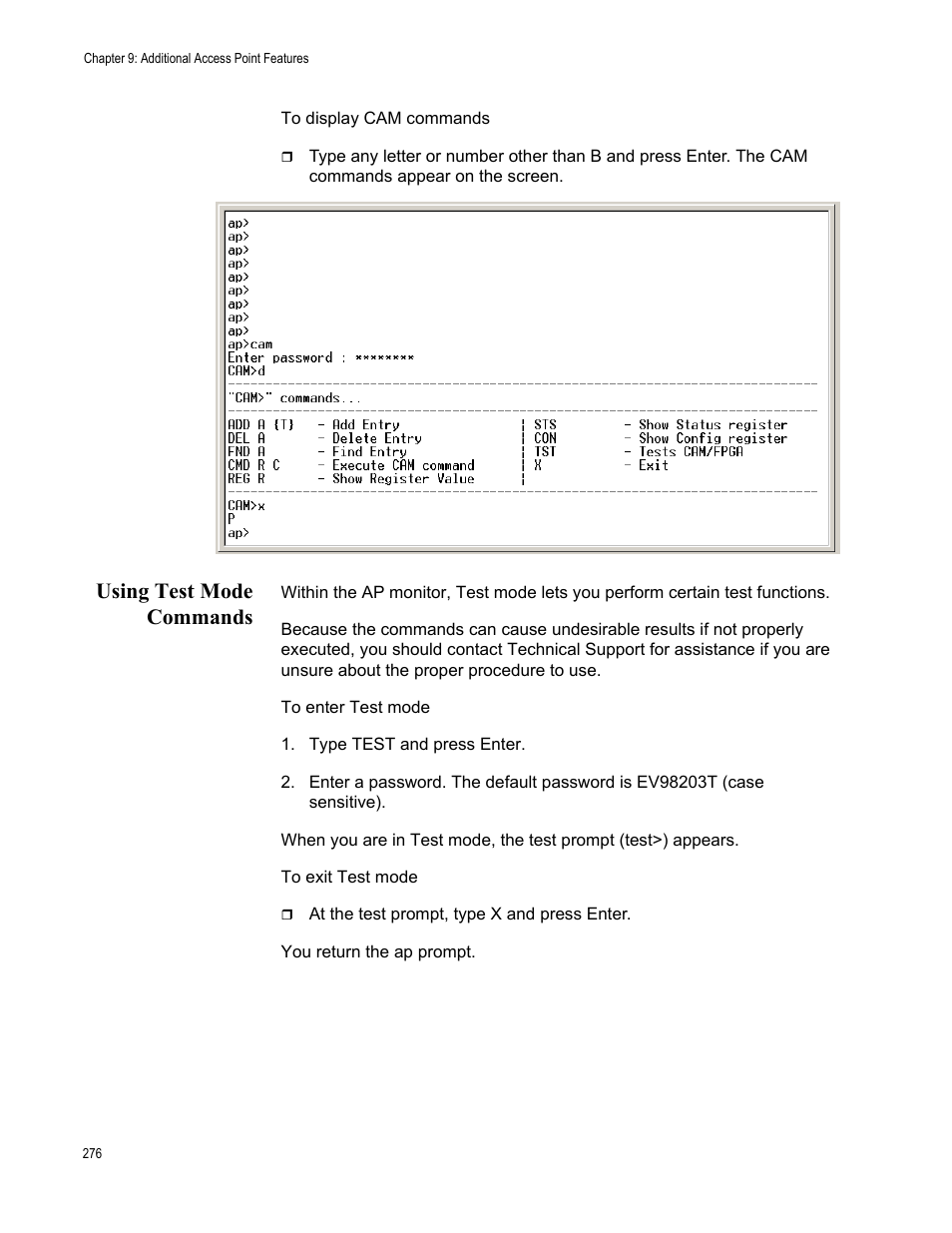 Using test mode commands | Allied Telesis AT-WA7501 User Manual | Page 276 / 352