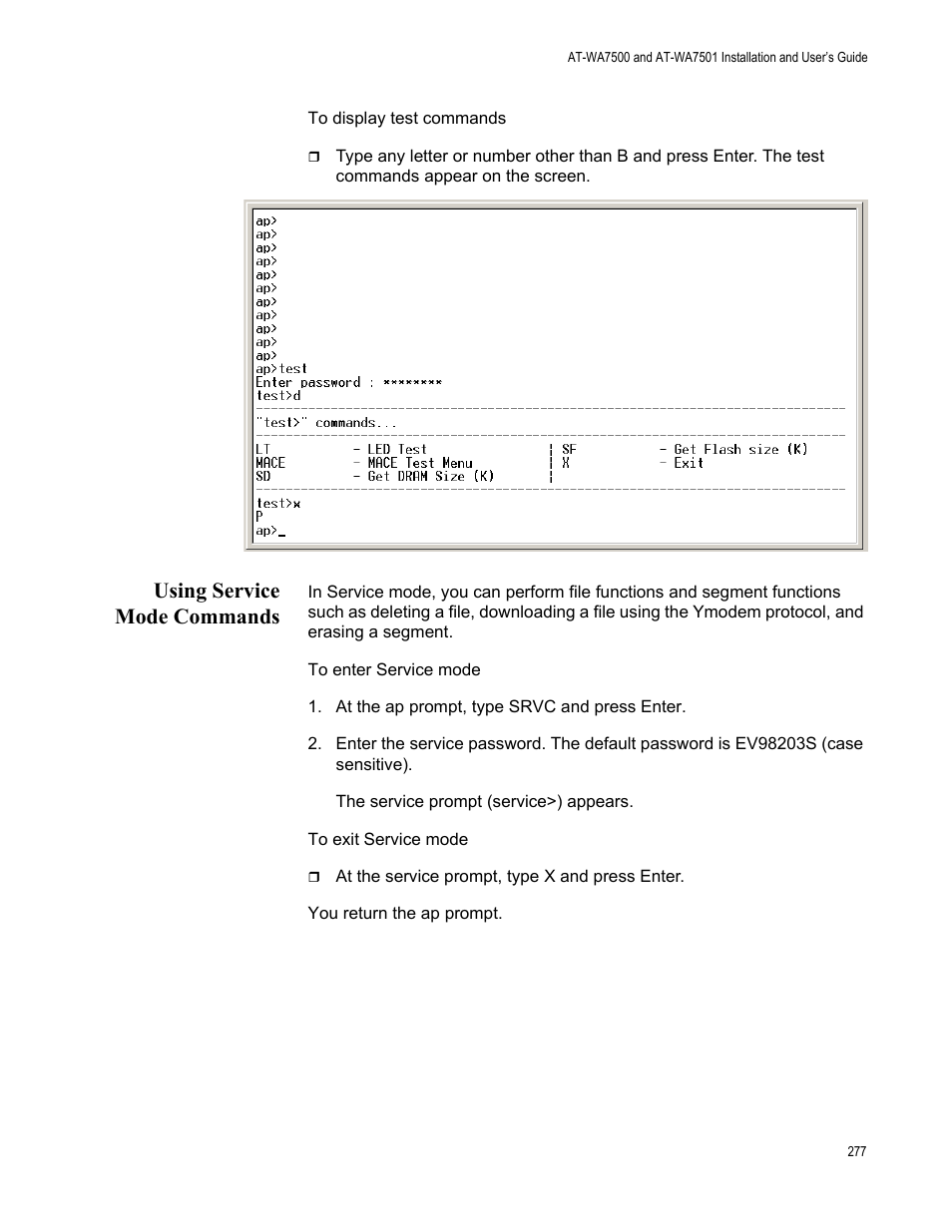 Using service mode commands | Allied Telesis AT-WA7501 User Manual | Page 277 / 352