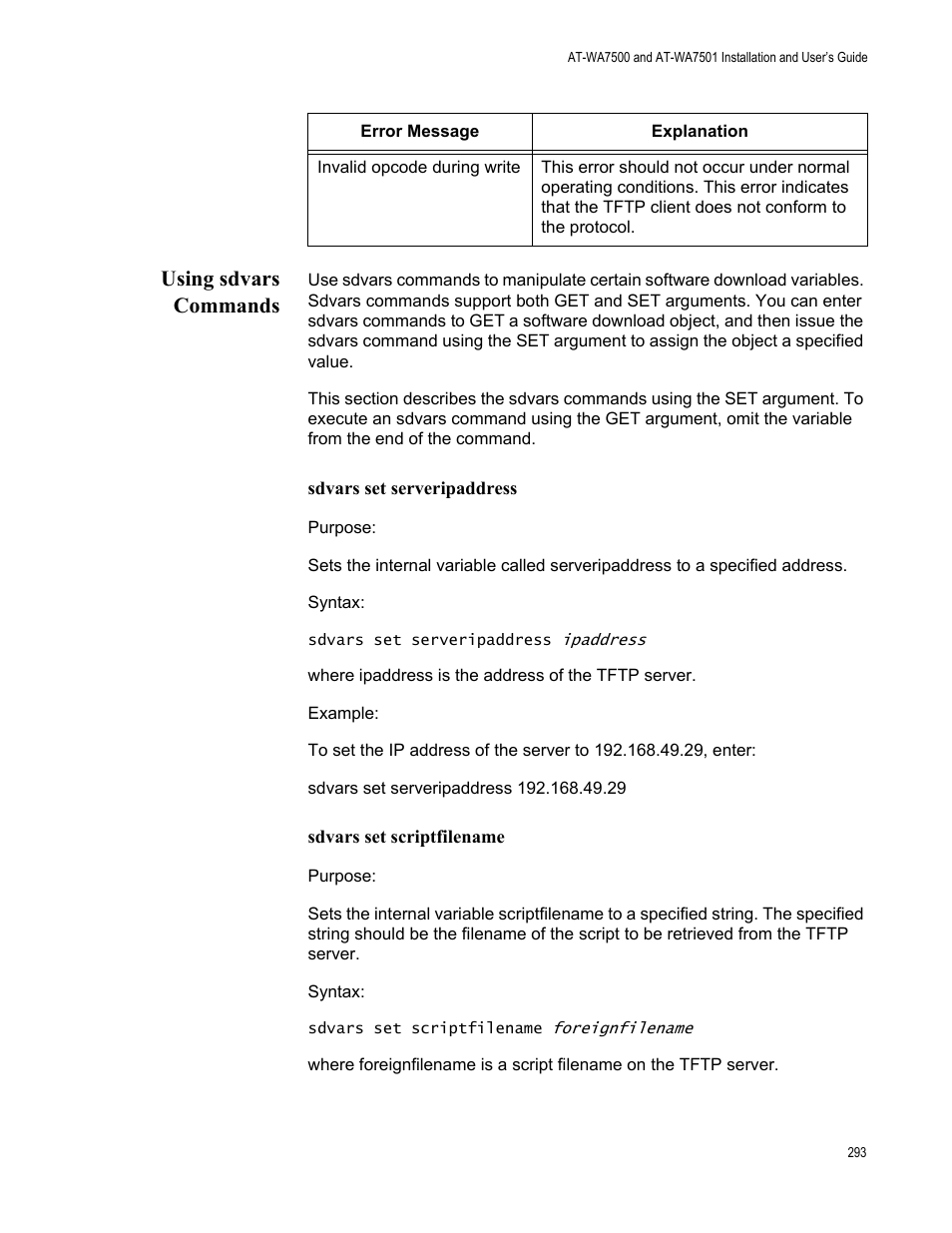 Using sdvars commands | Allied Telesis AT-WA7501 User Manual | Page 293 / 352