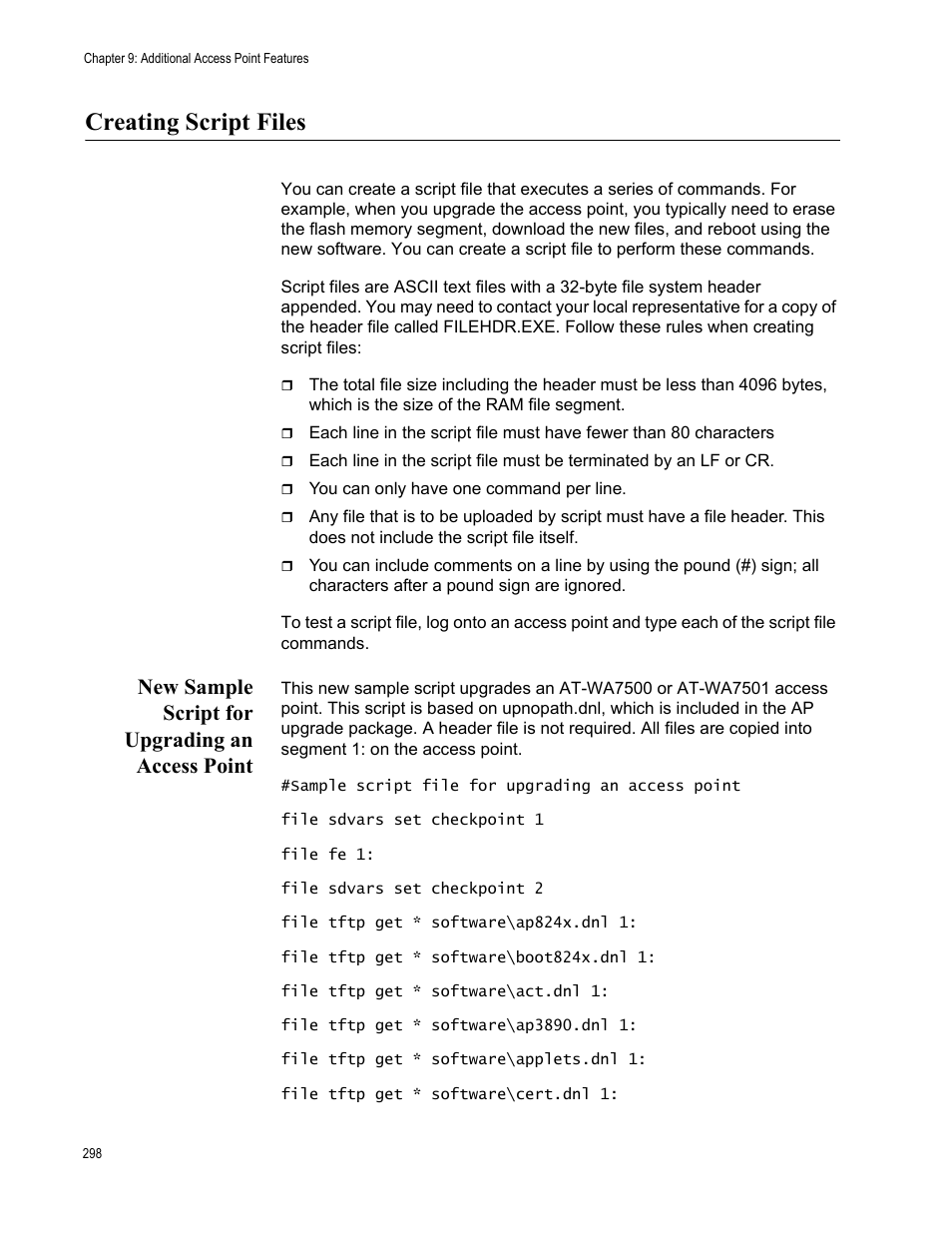 Creating script files, New sample script for upgrading an access point | Allied Telesis AT-WA7501 User Manual | Page 298 / 352